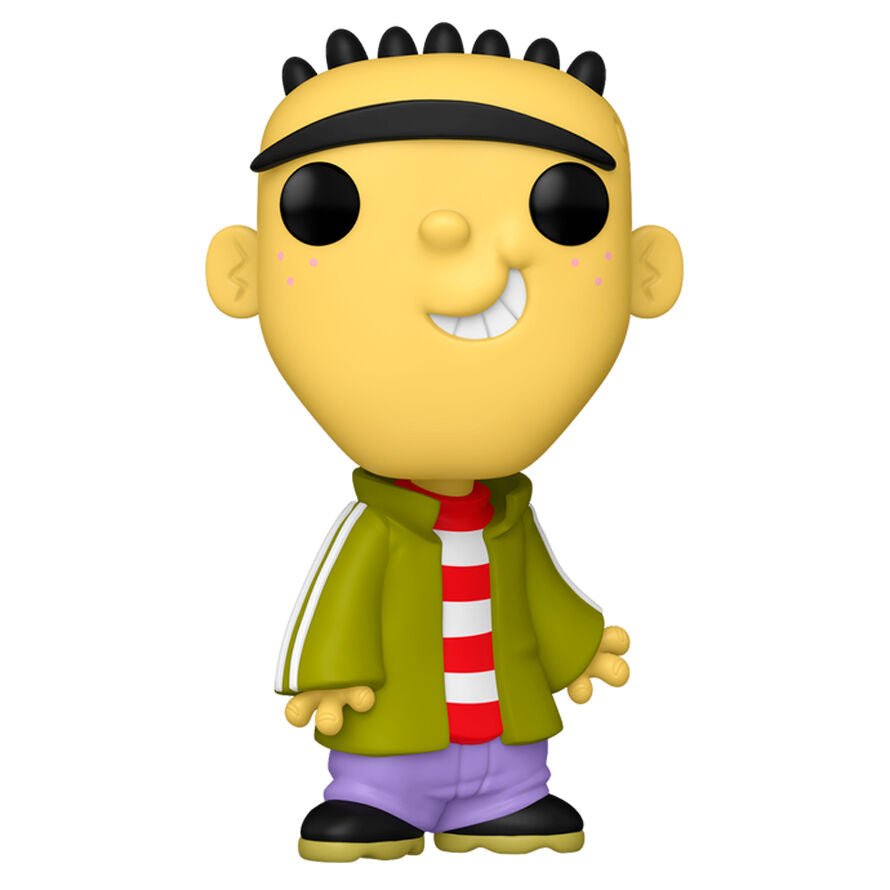 Ed vinyl figure smiling, black cap, green jacket, red-and-white striped shirt, purple pants.