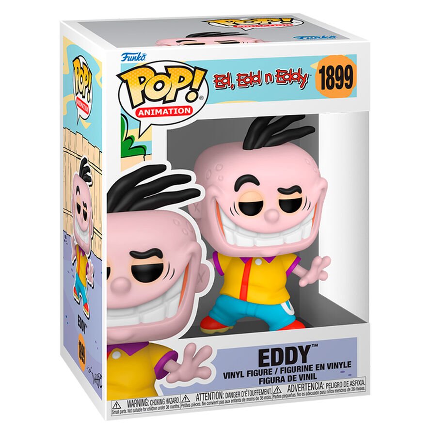 Funko POP! Eddy vinyl figure in box, pink face, black hair, yellow shirt, blue shorts