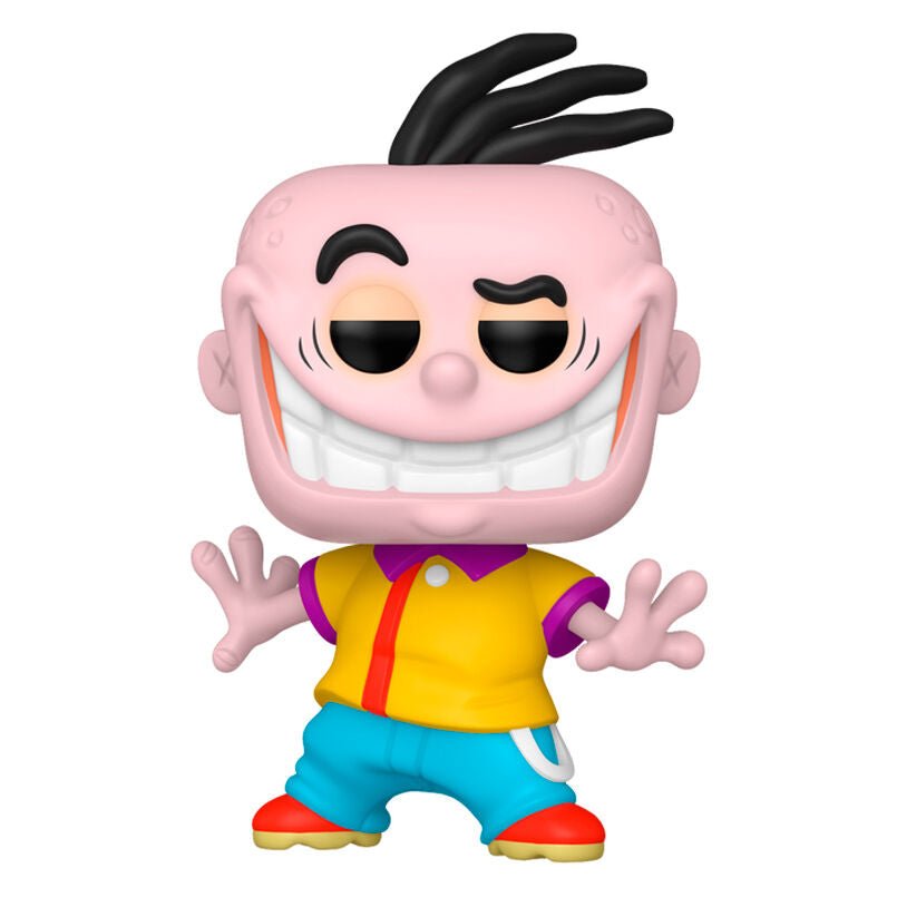 Eddy vinyl figure close-up, smiling pink face, black hair spikes, yellow shirt, blue shorts