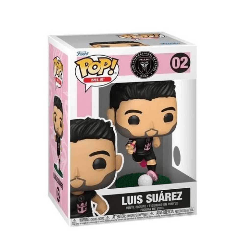 Caja de figura Funko Pop! Luis Suárez con uniforme negro, incluye balón blanco.