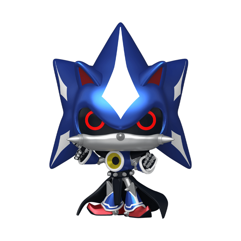 Neo Metal Sonic vinyl figure, blue spiky head with white stripe, holding silver bars