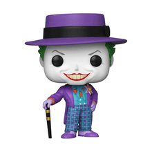 Joker Funko Pop vinyl figure, purple hat, teal patterned suit, holding baton
