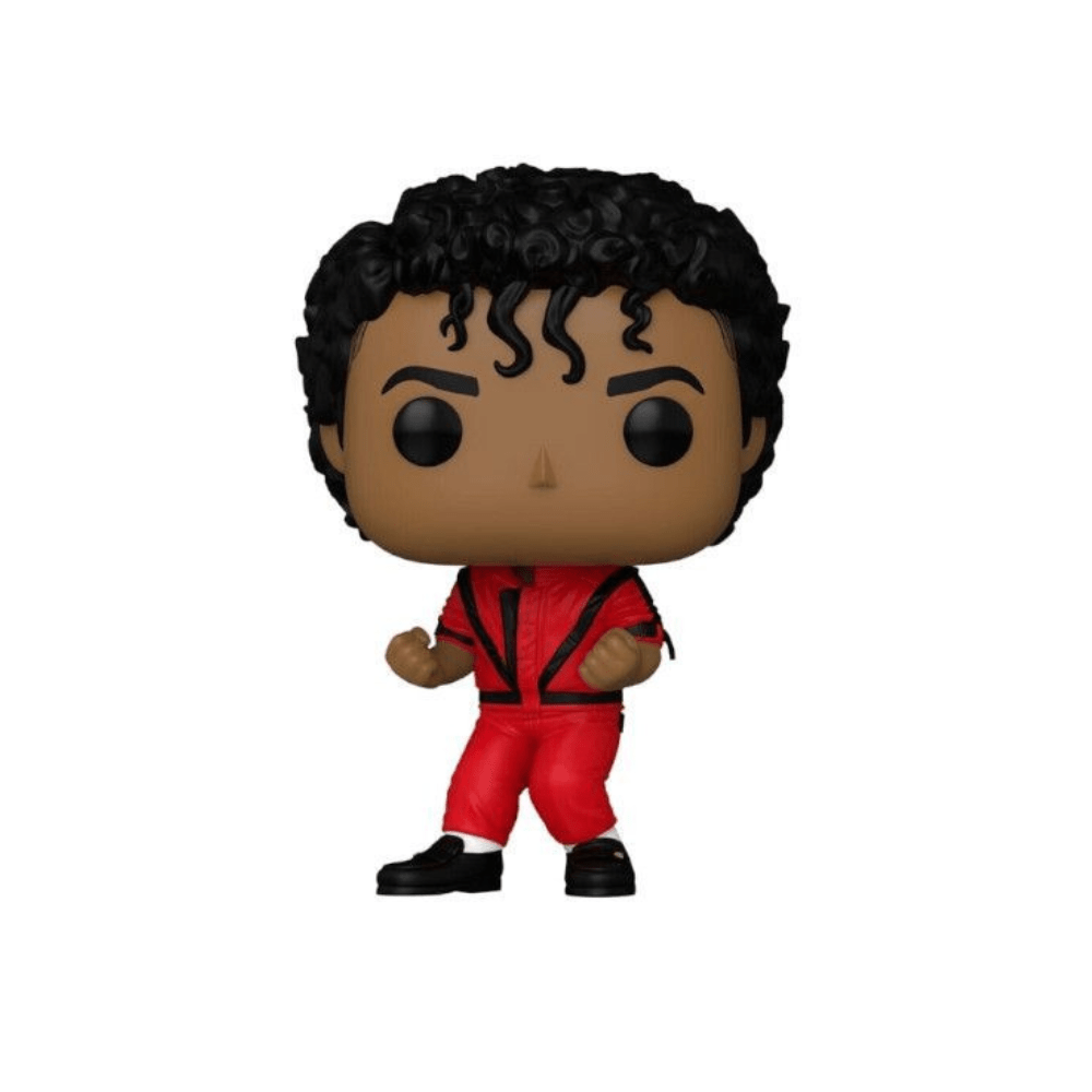 Michael Jackson Pop figure with curly black hair, red jacket, red pants, black shoes