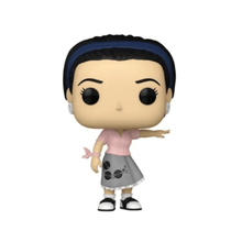 Monica Geller Funko POP figure with dark bob, pink top, gray patterned dress