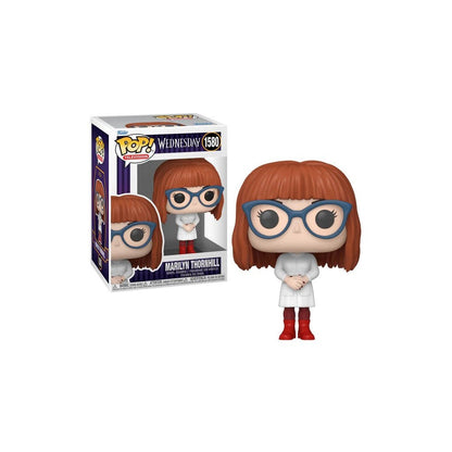 Marilyn Thornhill Funko Pop figure standing, auburn bob, blue glasses, white outfit