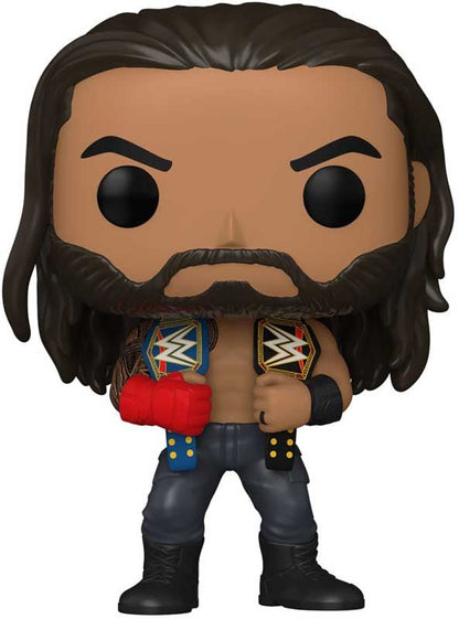 Funko Pop WWE Roman Reigns vinyl figure with title belts, long hair, red gloves