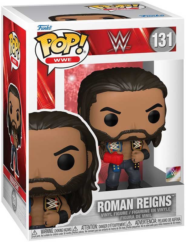 Funko Pop WWE Roman Reigns figure in box, beard, red gloves, blue pants