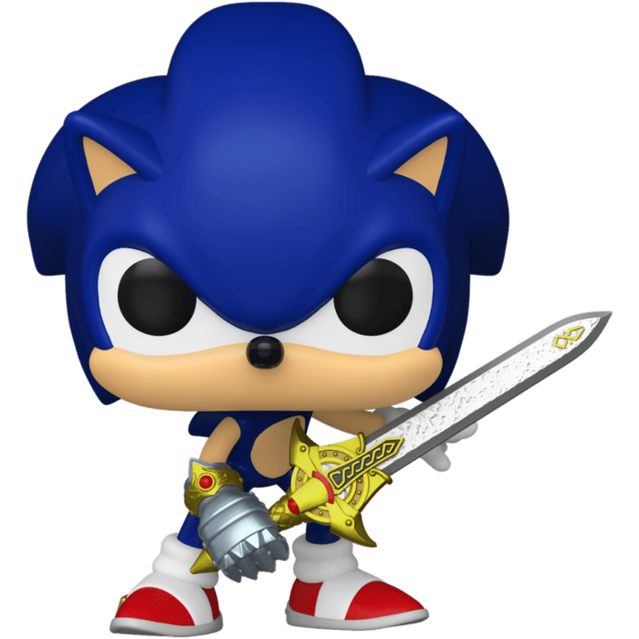 Sonic vinyl figure with Caliburn sword, blue spikes, red shoes