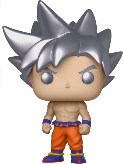 Goku Ultra Instinct Funko figure, silver spiky hair, orange pants, blue belt