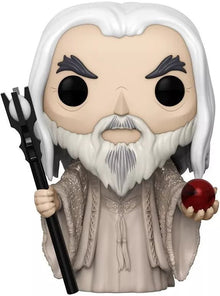 Gollum Funko figure of Saruman with white beard, holding staff and red orb