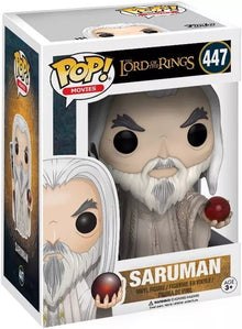 Gollum Funko POP! Movies box showing Saruman vinyl figure, red orb and staff