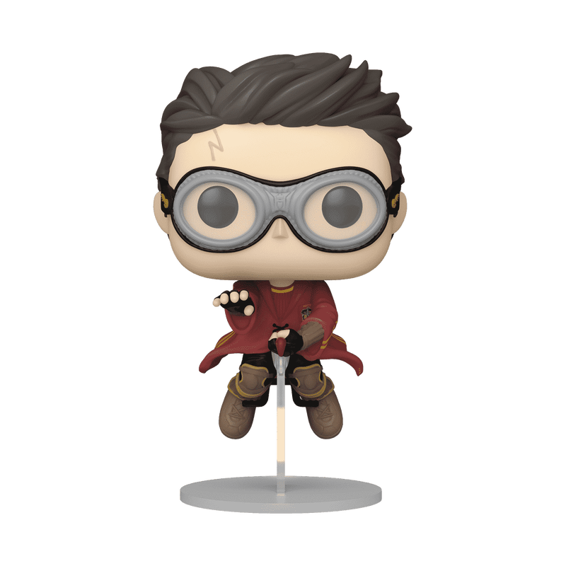 Harry Potter vinyl figure with round glasses, dark hair, red coat, wand in hand