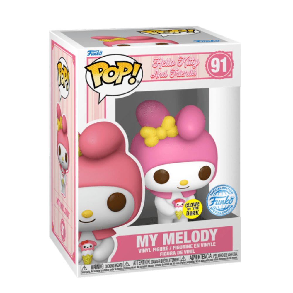 Funko POP! My Melody glow-in-the-dark vinyl figure in pink hood, box packaging