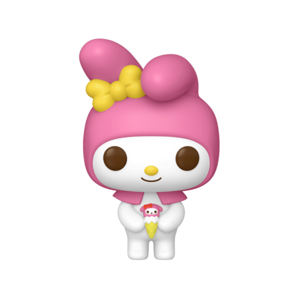 Pink My Melody vinyl figure with yellow bow and white face, holding a pink ice cream