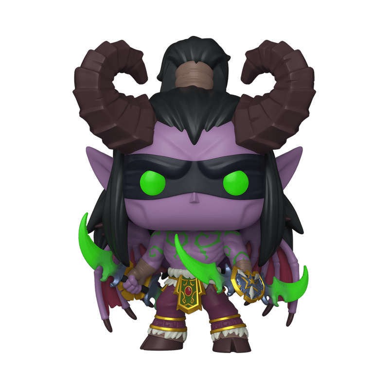 Illidan vinyl figure with green glowing eyes, purple torso, black hair, dark wings