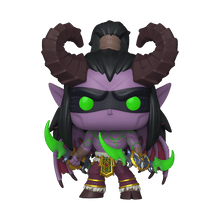 Illidan vinyl figure with green glowing eyes, purple torso, black hair, dark wings