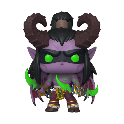 Illidan vinyl figure with green glowing eyes, purple torso, black hair, dark wings
