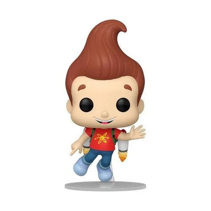 Jimmy Neutron vinyl figure with jet pack, red shirt and blue pants, arms out.