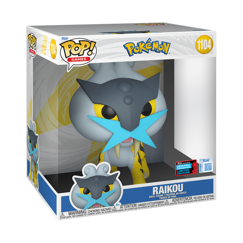 Jumbo Raikou boxed vinyl figure in window box, gray and yellow Pokémon