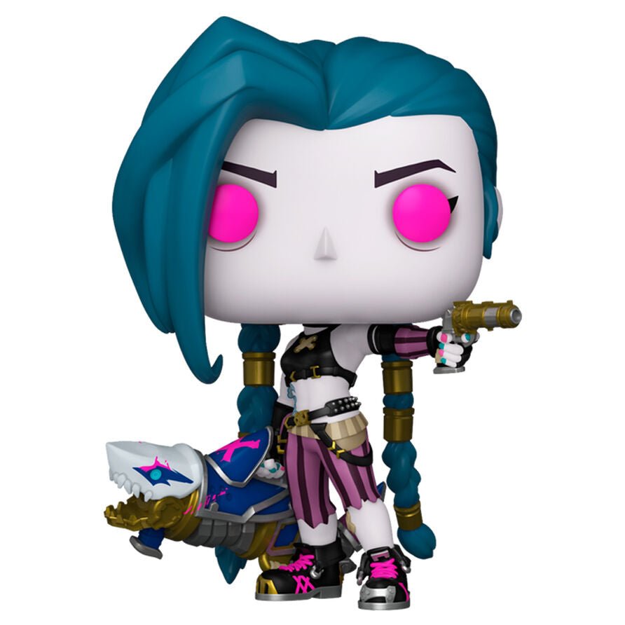 Arcane Jinx vinyl figure with teal twin tails, pink eyes, holding a small rifle-like weapon