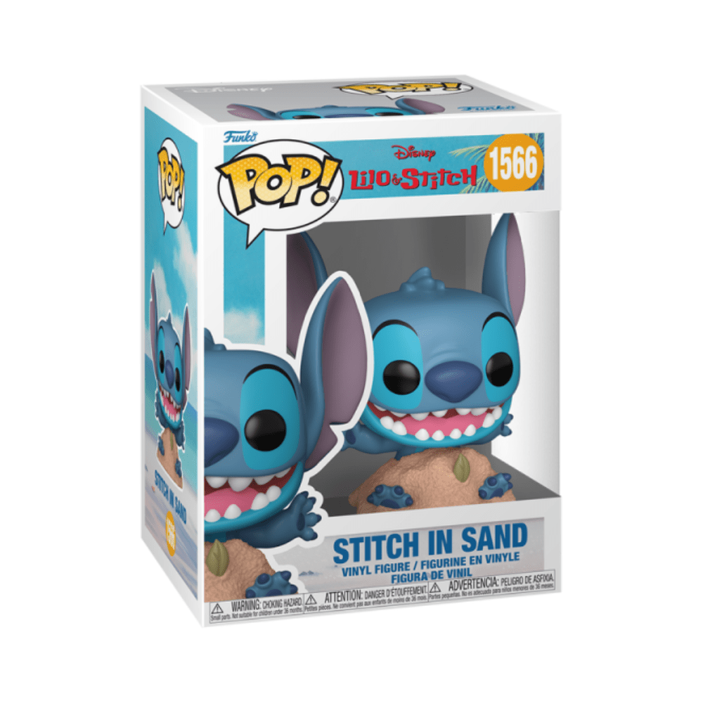 Funko Pop! Stitch in Sand vinyl figure in retail box, blue alien with sand mound
