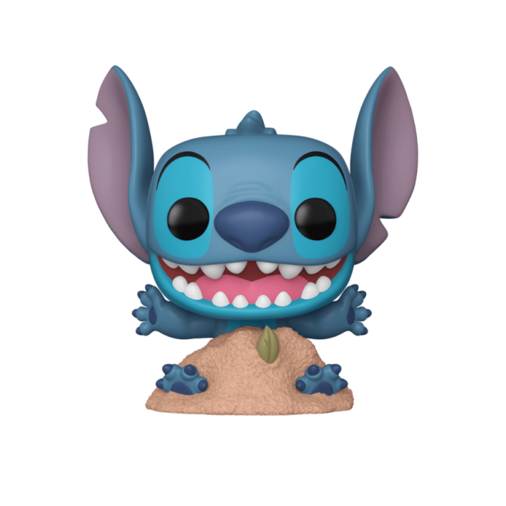Stitch in Sand vinyl figure: blue alien with purple ears, smiling on sand mound