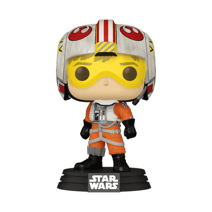 Luke Skywalker (Red 5) POP! Figur, gelber Helm mit Streifen, orange Fluganzug auf Sockel
