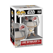 Funko Pop! Luke Skywalker with Remote figure in white jumpsuit with red accents