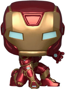 Iron Man head and chibi body figure, red and gold armor with glowing blue eyes