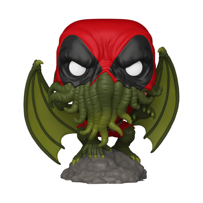 Deadpool as Cthulhu figure, red hood, green tentacle body, bat wings
