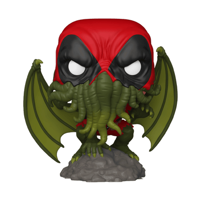 Deadpool as Cthulhu figure, red hood, green tentacle body, bat wings
