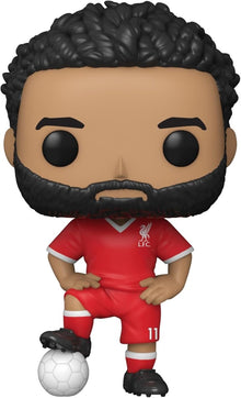 Mohamed Salah vinyl figure in red LFC kit with black braided hair, holding a soccer ball.