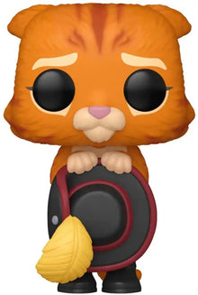 Orange Puss in Boots vinyl figure holding a yellow feather and wearing a satchel