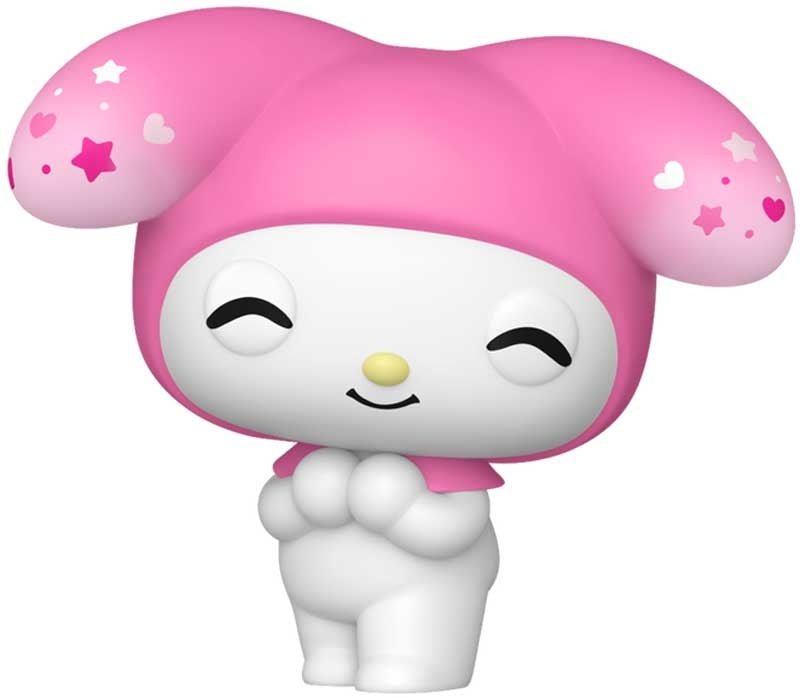 My Melody vinyl figure with closed eyes, smiling face, pink hood and white outfit