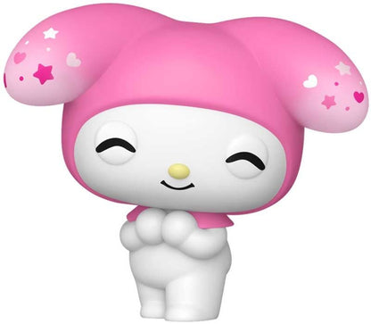 My Melody vinyl figure with closed eyes, smiling face, pink hood and white outfit