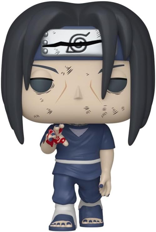 Itachi Uchiha vinyl figure with black hair, blue ninja outfit, holding a small red figure
