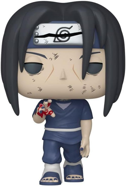 Itachi Uchiha vinyl figure with black hair, blue ninja outfit, holding a small red figure
