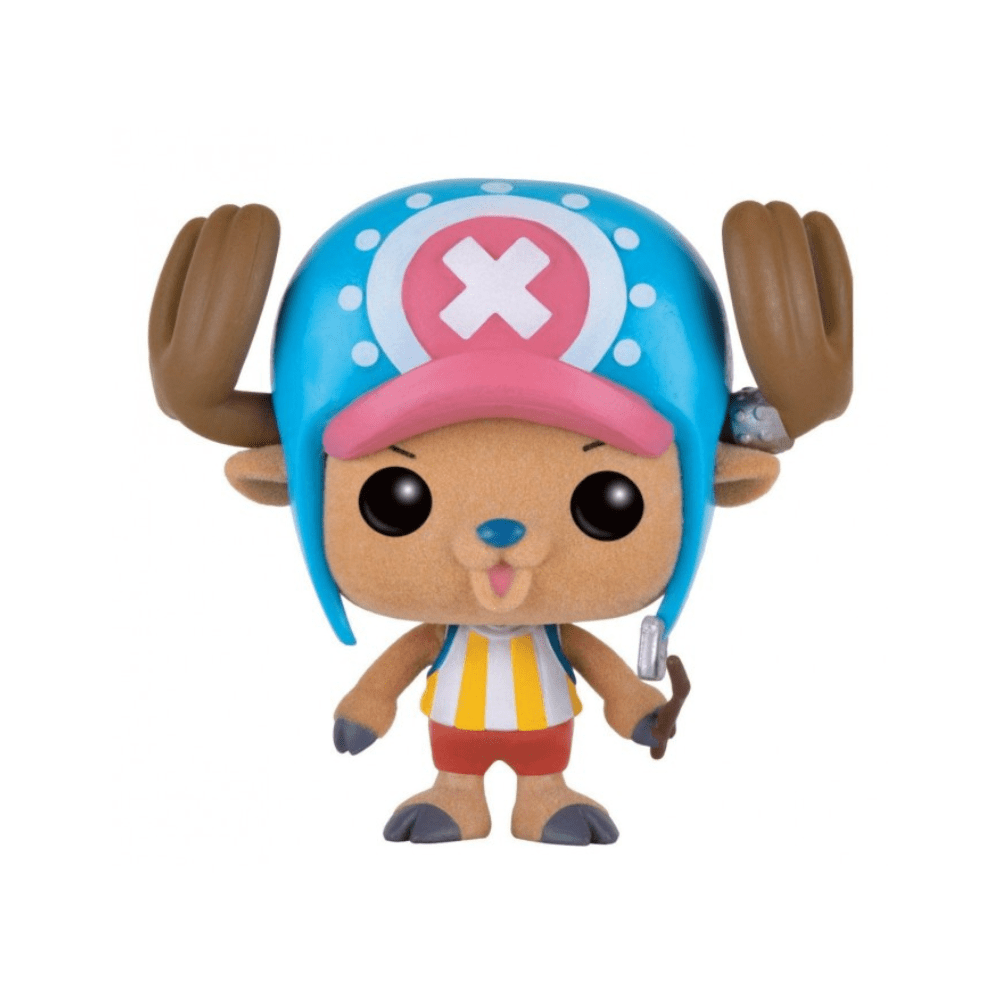 Flocked Tony Tony Chopper POP! figure in blue hat with pink X, striped shirt