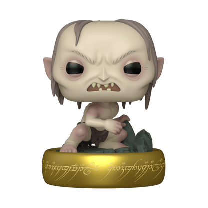 POP Plus Gollum (Glow) vinyl figure seated with dark cloak and yellow base