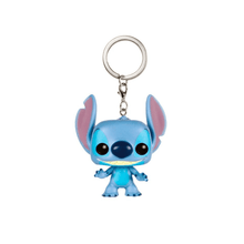 Stitch Pocket Pop keychain character with metal ring and clasp, blue suit