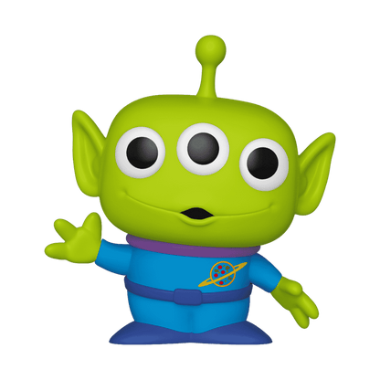 Green alien vinyl figure with big eyes, blue suit and belt, friendly pose