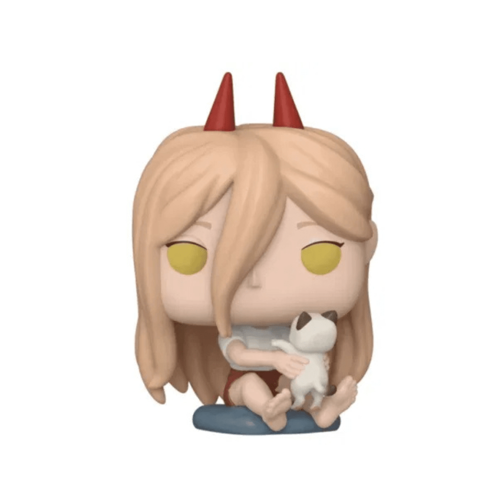 Power vinyl figure with red horns holding small Meowy cat figurine, side view