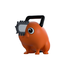 Sleeping orange Pochita vinyl figure with gray chainsaw arm, front view