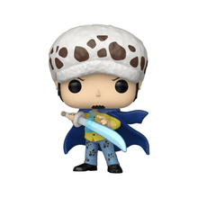 Trafalgar Law vinyl figure with white panda hood, blue cape, and pale sword
