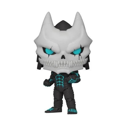 Kaiju No. 8 Pop! vinyl figure, white skull head with teal glowing eyes and dark suit