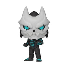 Kaiju No. 8 Pop! vinyl figure, white skull head with teal glowing eyes and dark suit