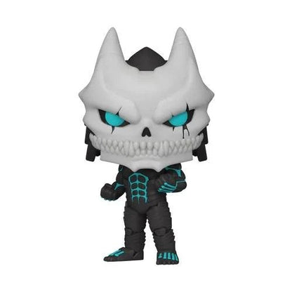 Kaiju No. 8 Pop! vinyl figure, white skull head with teal glowing eyes and dark suit
