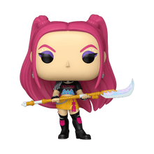 Mira POP! vinyl figure with magenta hair, black top, yellow shorts, holding blade