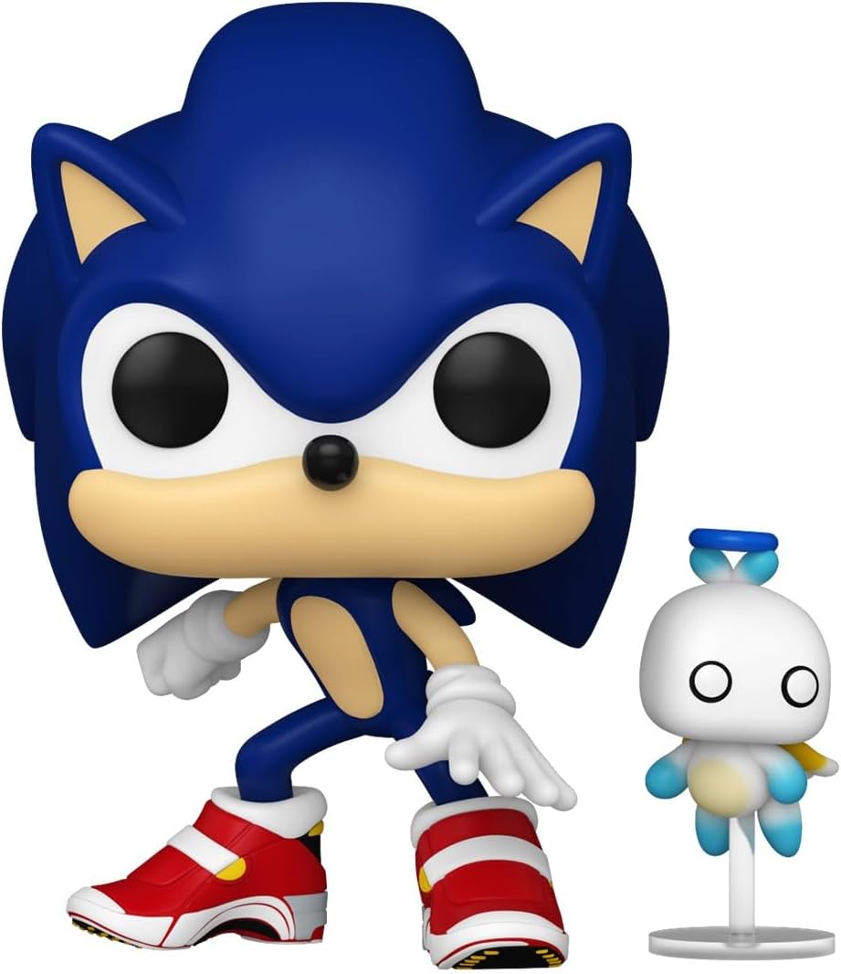 Sonic vinyl figure with Hero Chao companion, red shoes, standing with fists out