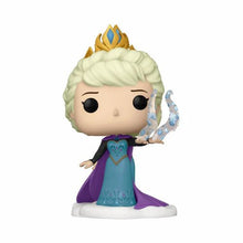 Elsa vinyl figure with blue gown, purple cape, gold crown, and snowflake staff